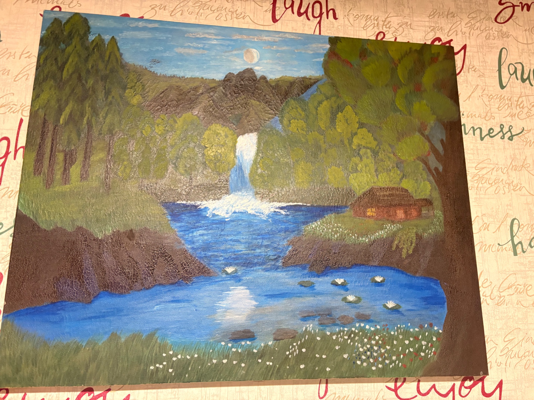 Moonlit Falls, Acrylic painting by Rahshona Art