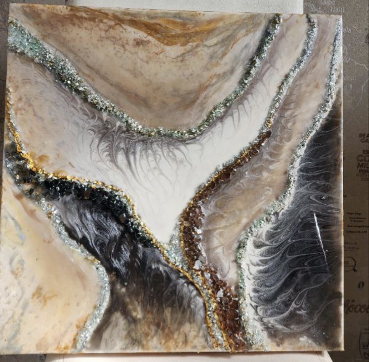 Neutral abstract resin artwork with gold and crystal details